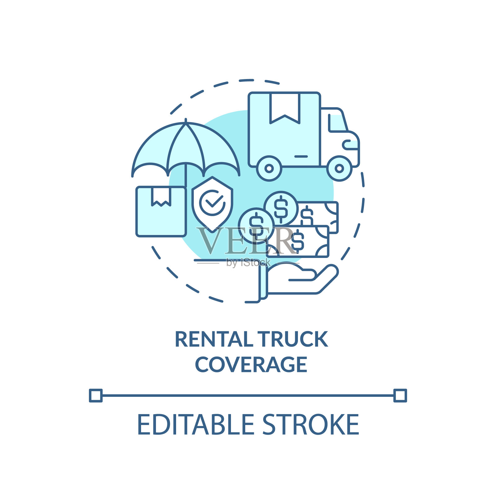 2D简单的细线性蓝色租赁卡车覆盖图标插画图片素材