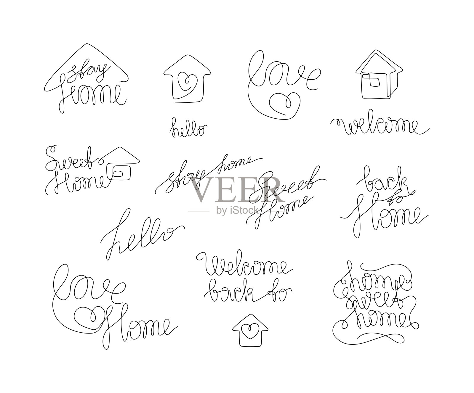 家香家手刻字小纹身，呆在家里，欢迎题词，连续线条绘制插画图片素材