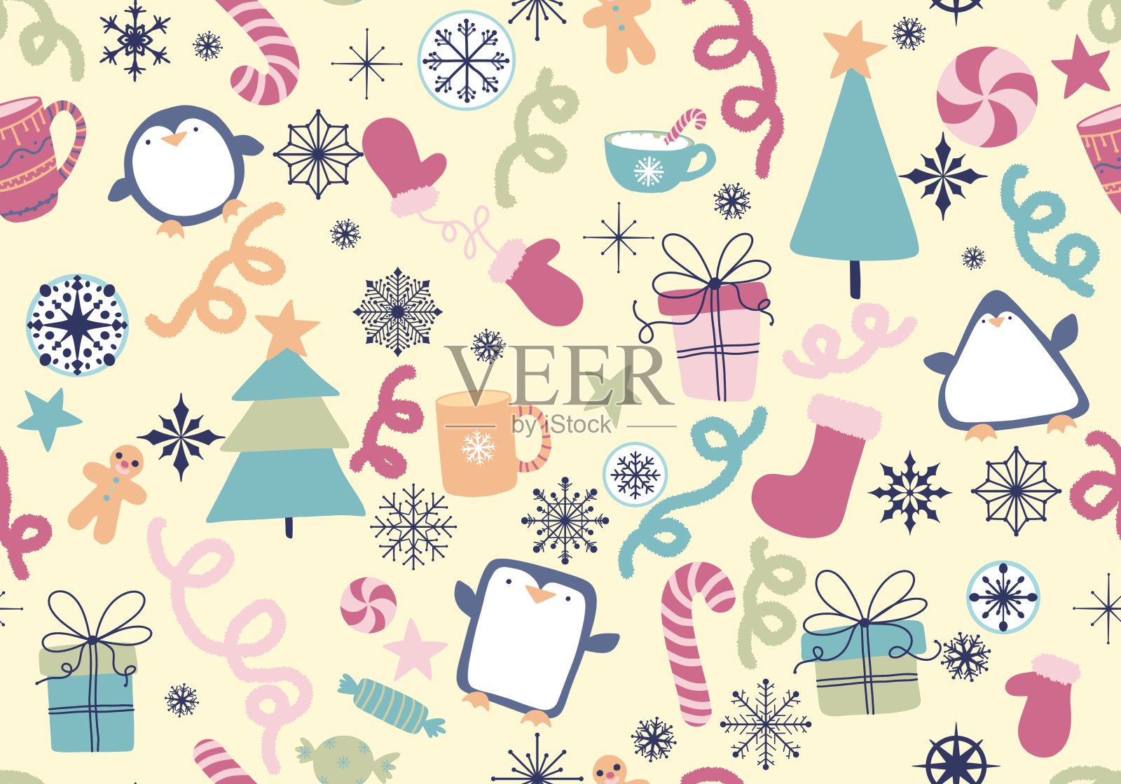 动物企鹅无缝图案包装纸和孩子插画图片素材