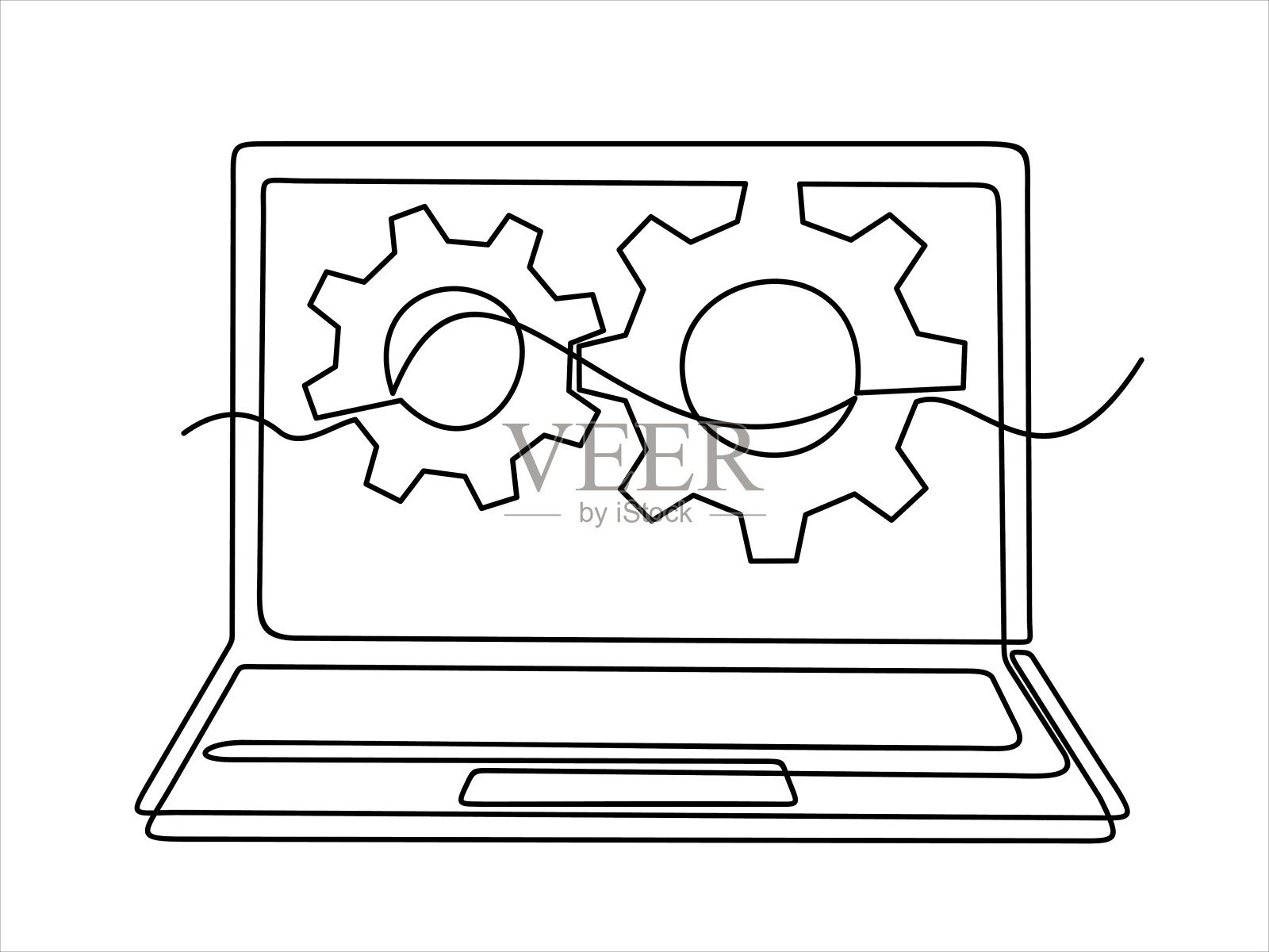 笔记本电脑和齿轮的连续单线绘制，调整应用程序选项，维护，维修，固定显示器。插画图片素材