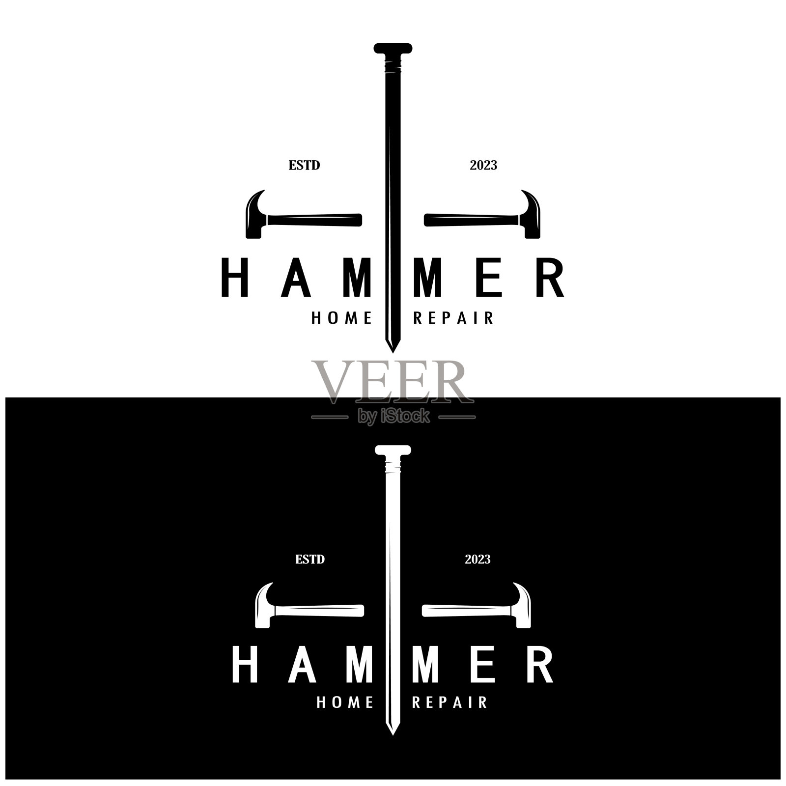 复古复古的交叉锤子和钉子标志，用于家庭维修服务，木工，徽章，建筑商，木工，建筑，矢量插画图片素材