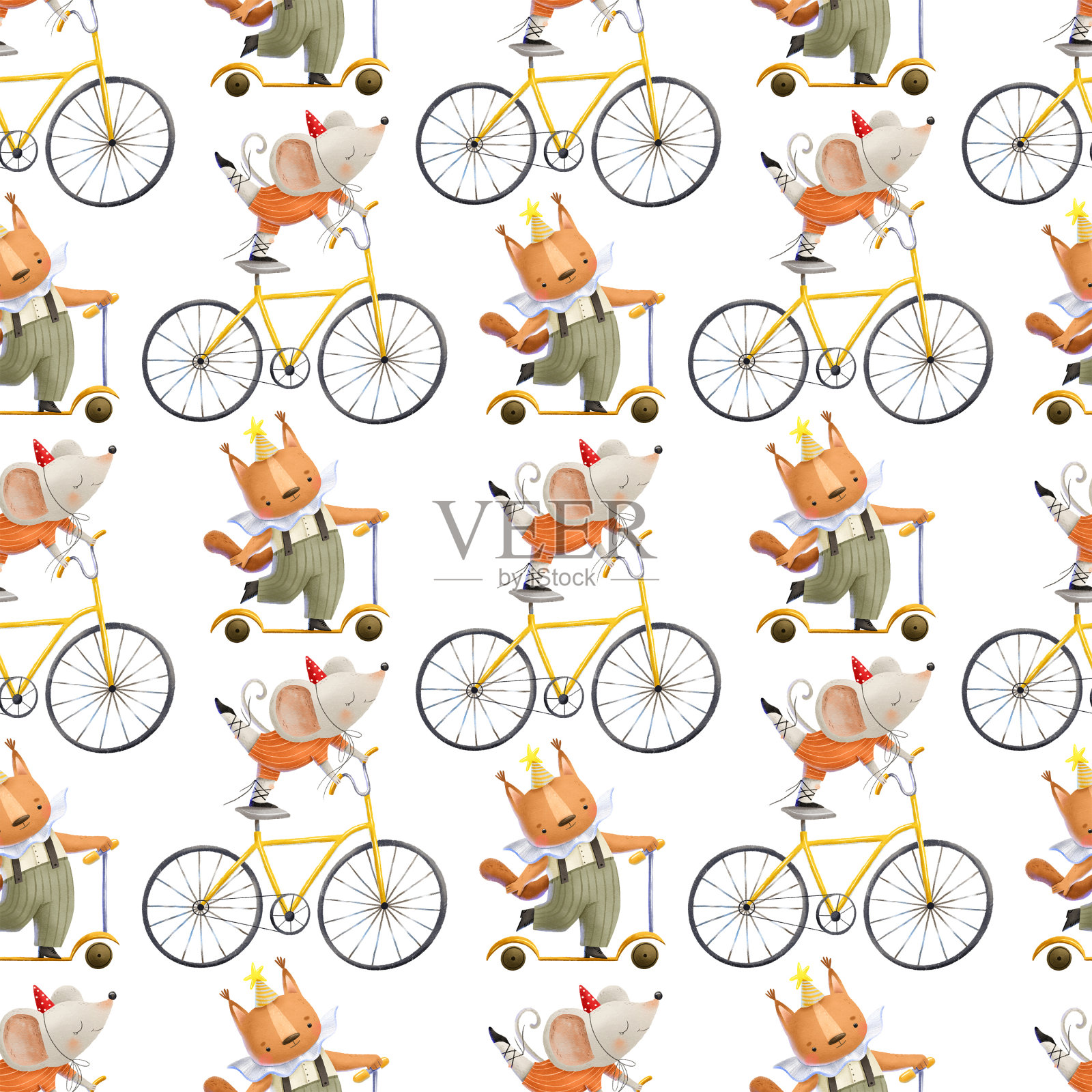 骑在自行车上的老鼠耍把戏。一只松鼠骑着一辆黄色的摩托车。表演，马戏表演。无缝图案与马戏。手绘装饰插画图片素材