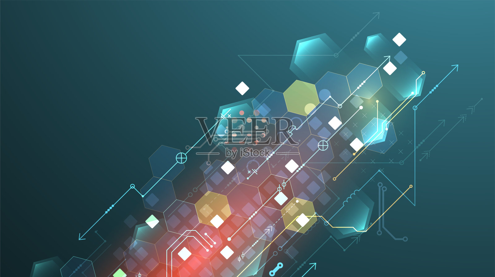 在渐变色背景上抽象电路板和六边形。高科技数码科技理念。插画图片素材