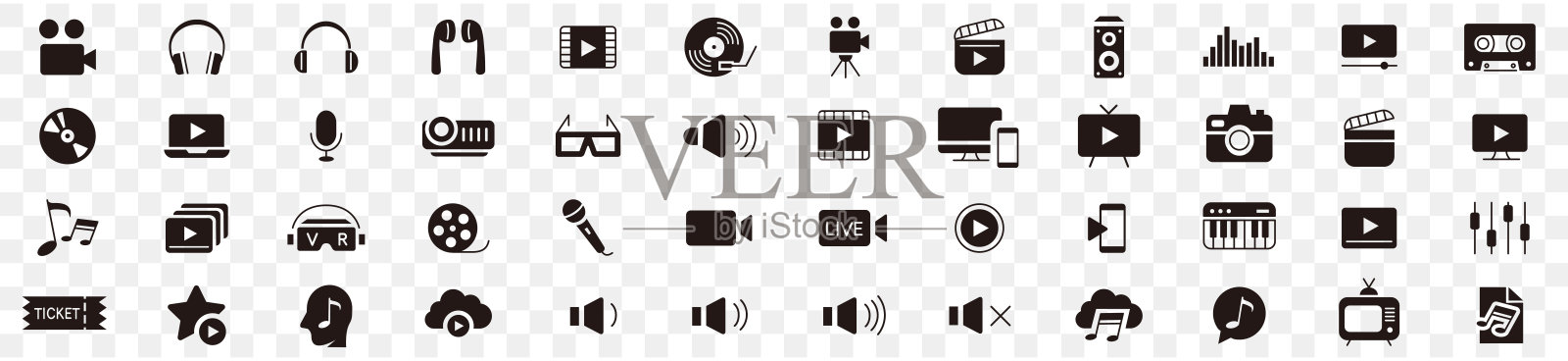 内容行图标可编辑集合向量。音乐相机音频Dj钢琴视频媒体麦克风网络摄像头电视耳机电影院插画图片素材