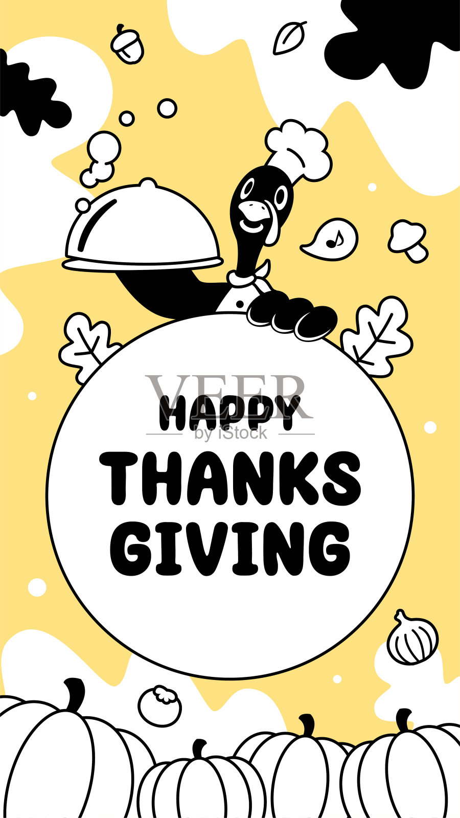 火鸡厨师为感恩节大餐准备了许多食材，并在圆顶盘子盖上提供食物插画图片素材