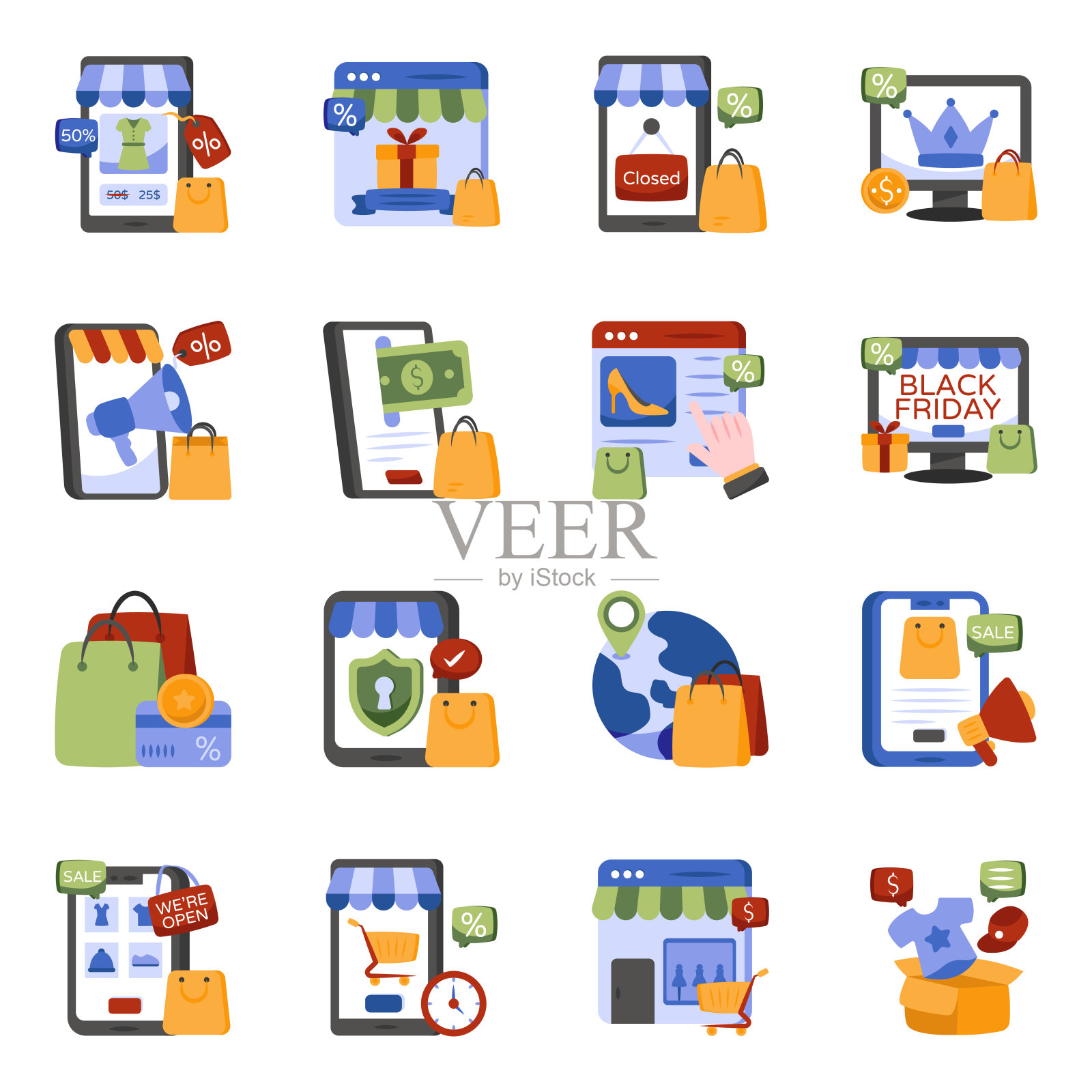 购物和购买扁平图标包插画图片素材