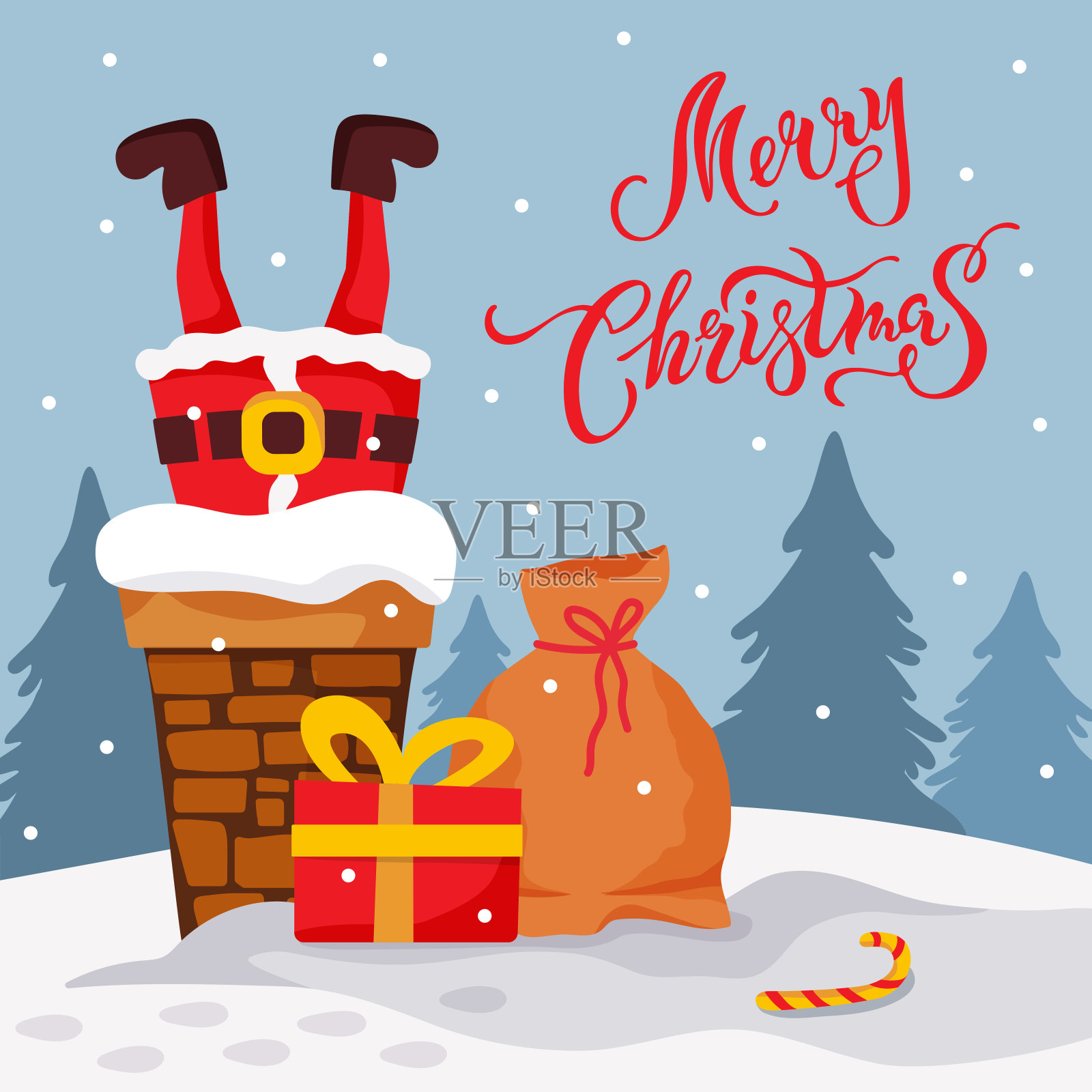 圣诞老人被困在烟囱里。圣诞快乐手写字矢量图插画图片素材