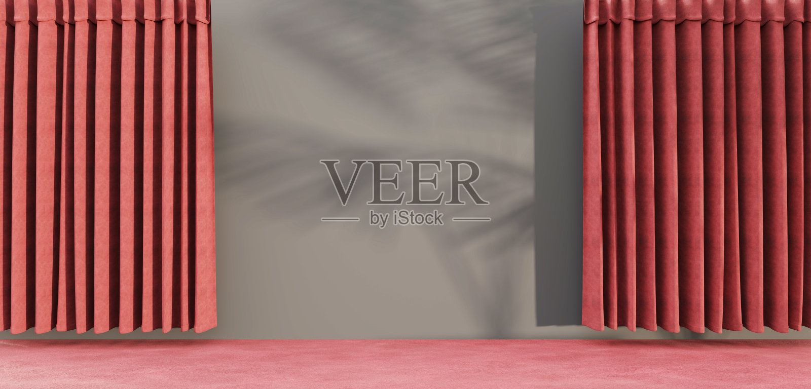 墙体窗帘在一个空房间的产品发布阶段和表演场景与窗帘的打开3D插图照片摄影图片