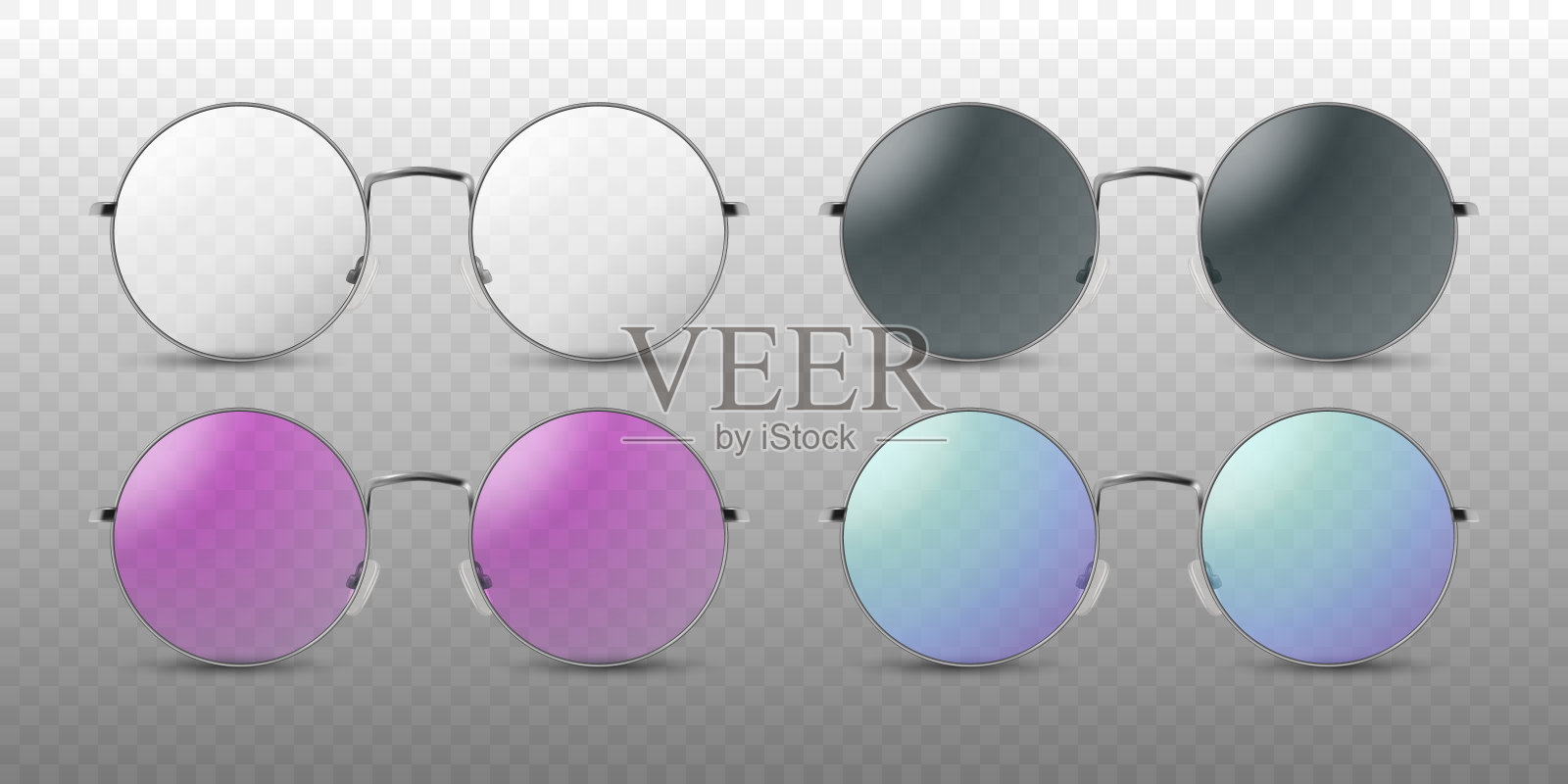 矢量现实无色，黑色，粉红色和紫色圆形框架眼镜框架设置特写隔离。透明太阳镜的女性和男性。采购产品光学，镜头，复古，时髦的眼镜。前视图插画图片素材