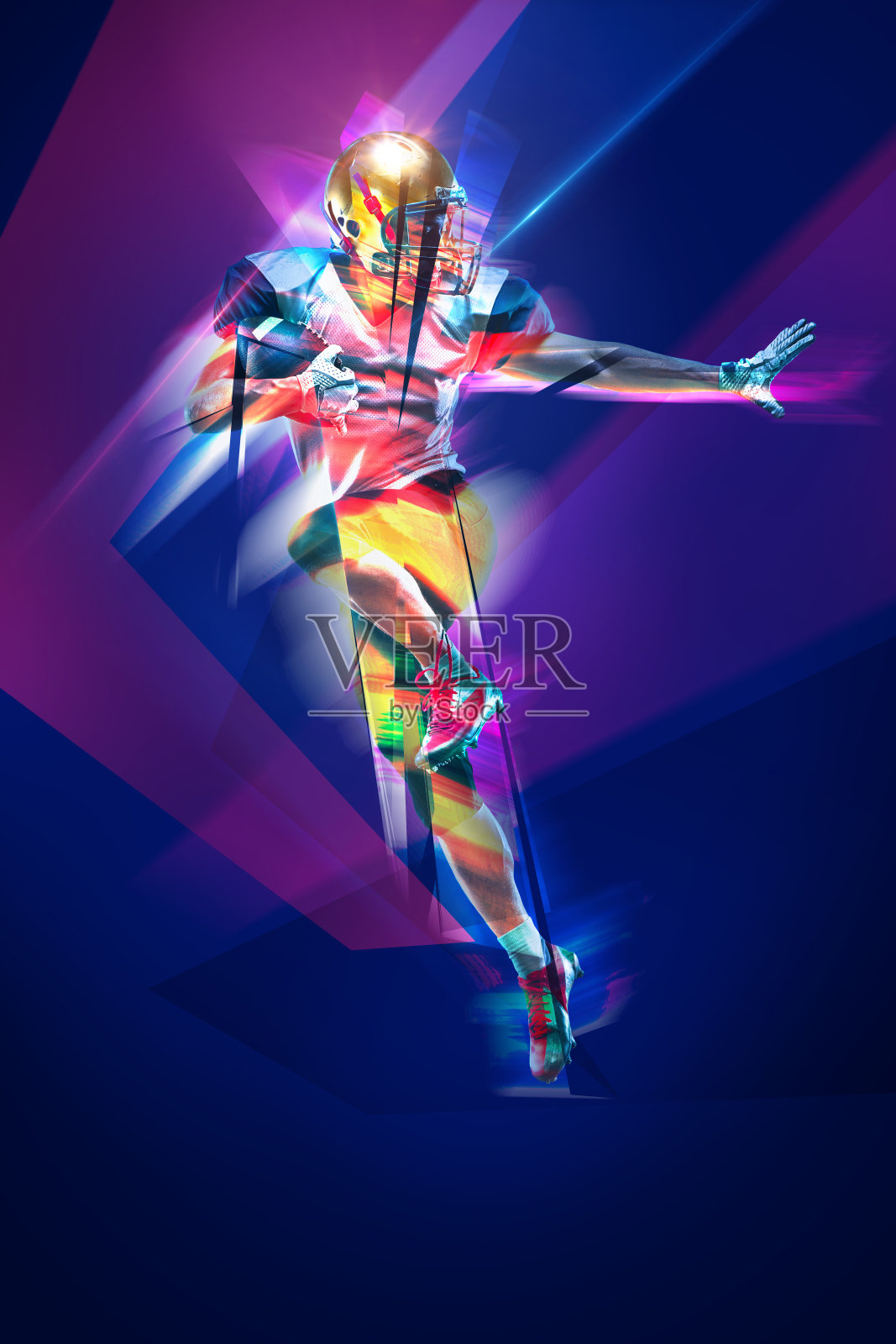 动态图像的人，美国足球运动员在运动与球在渐变深蓝色背景在霓虹灯。匹配照片摄影图片