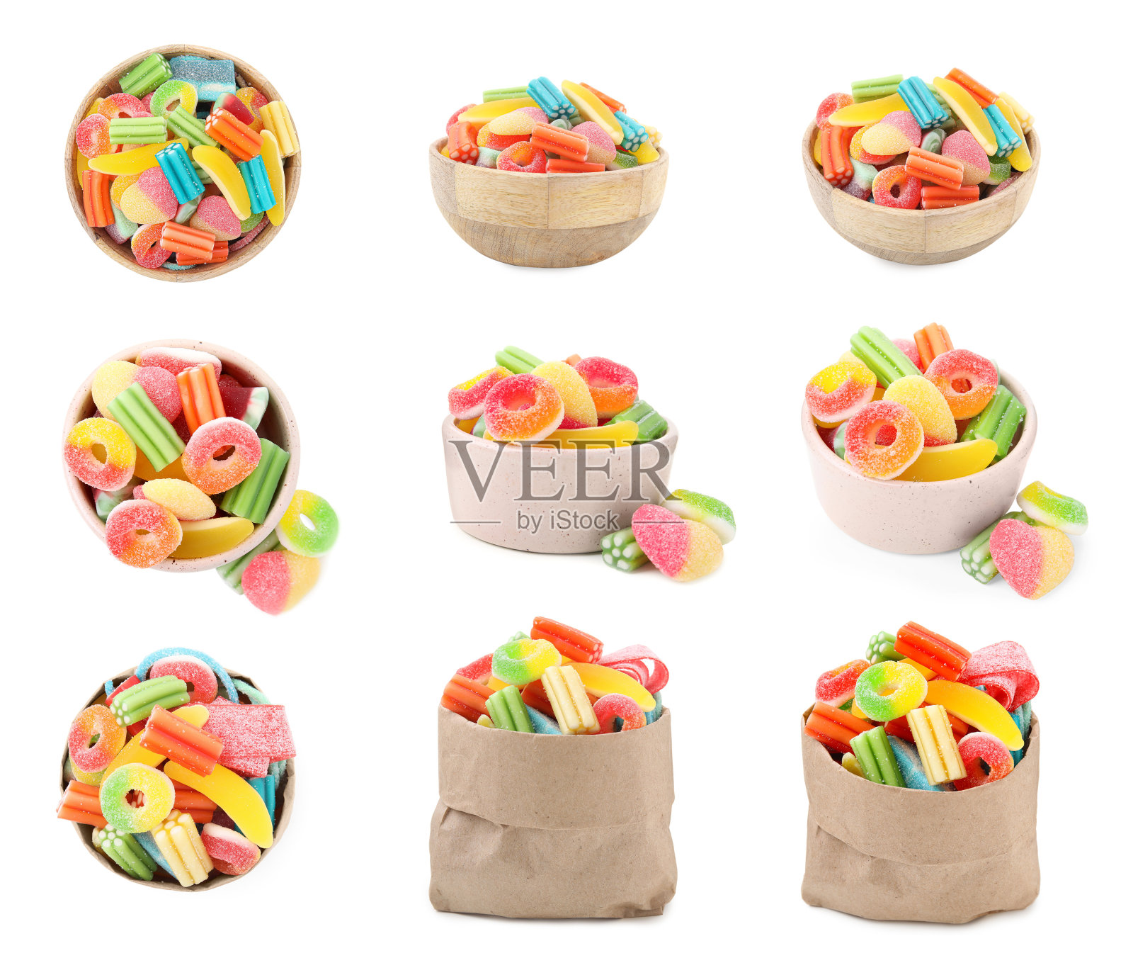 在白色的背景上，拼贴着碗和一袋美味的果冻糖，不同的面照片摄影图片