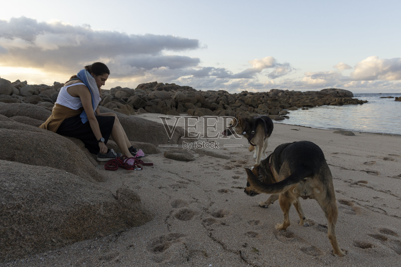 狗和女人在沙滩上散步照片摄影图片