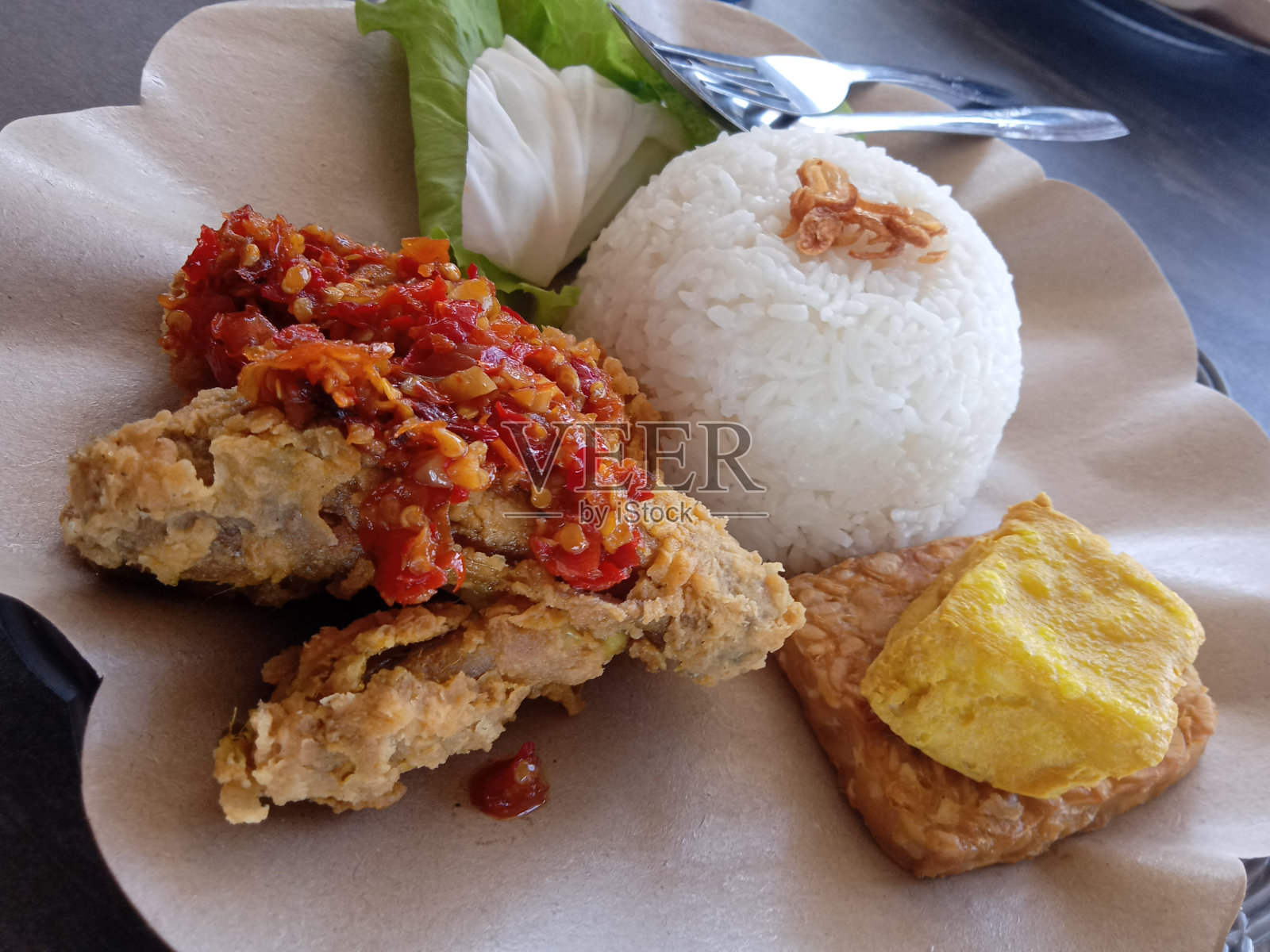 米饭和鸡肉，配豆腐和豆豉照片摄影图片