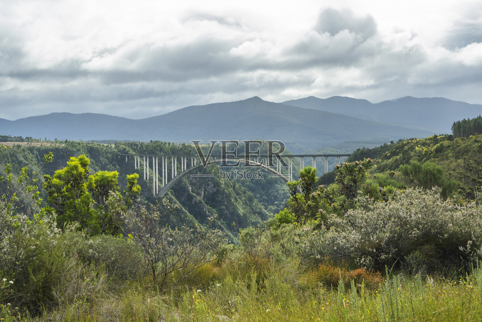 汽车行驶在横跨风景秀丽的峡谷的桥上照片摄影图片