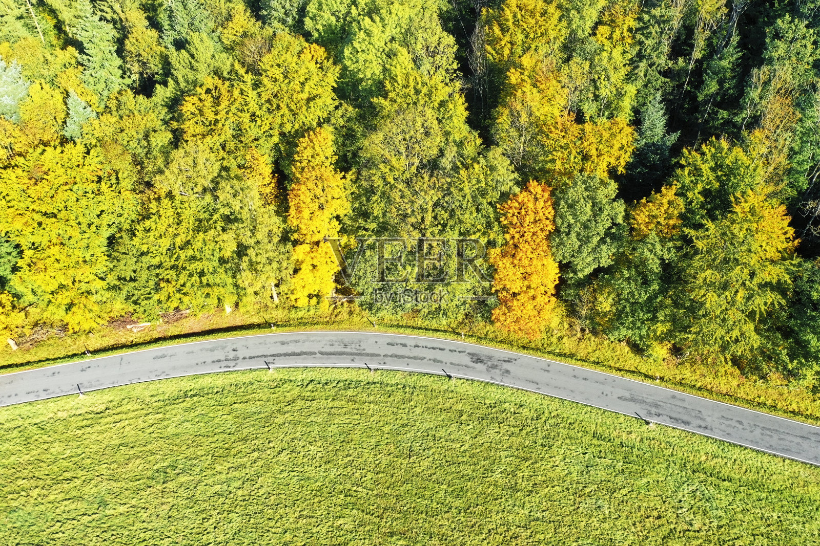 在榆树附近的秋季森林边缘的沥青曲线的垂直鸟瞰图KÃ¶nigslutter，德国照片摄影图片