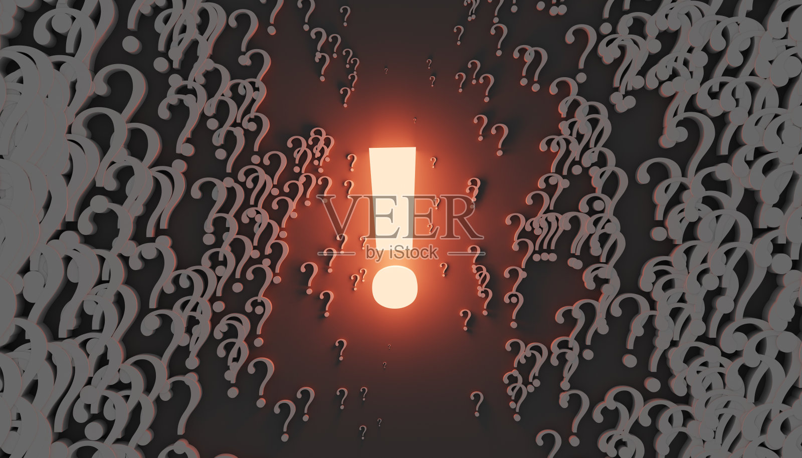 概念背景与发光的感叹号之间的各种问号，3d渲染，3d渲染照片摄影图片