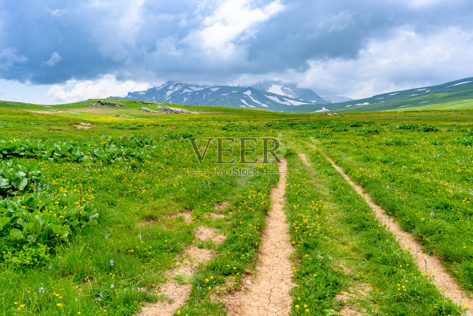 美丽的风景，群山环绕，绿草如茵的草地和春天的徒步小径。照片摄影图片