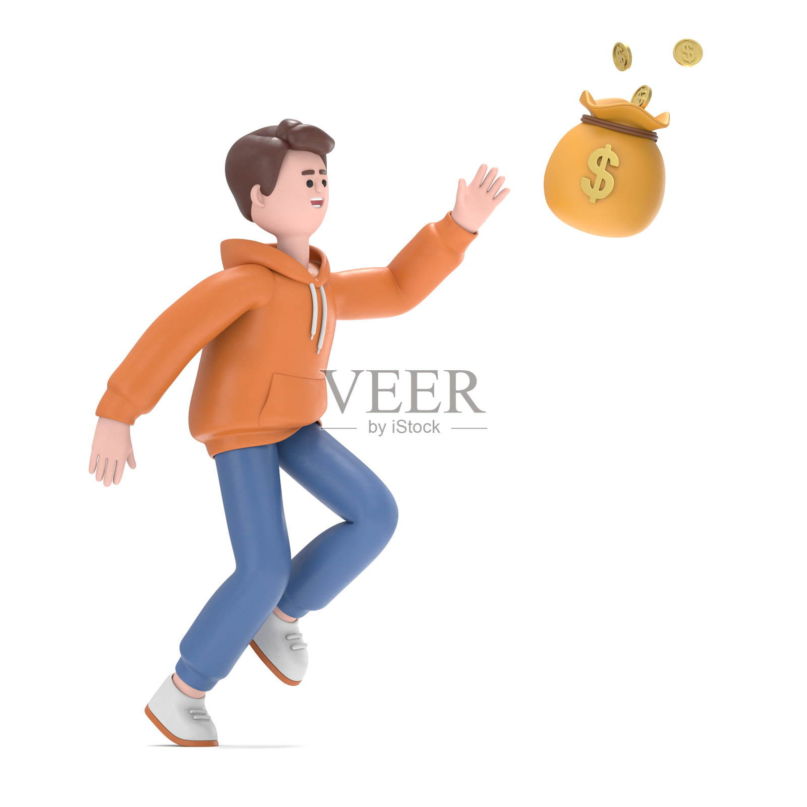 Qadir追逐一袋钱的3D插图。白色背景的3D渲染。照片摄影图片