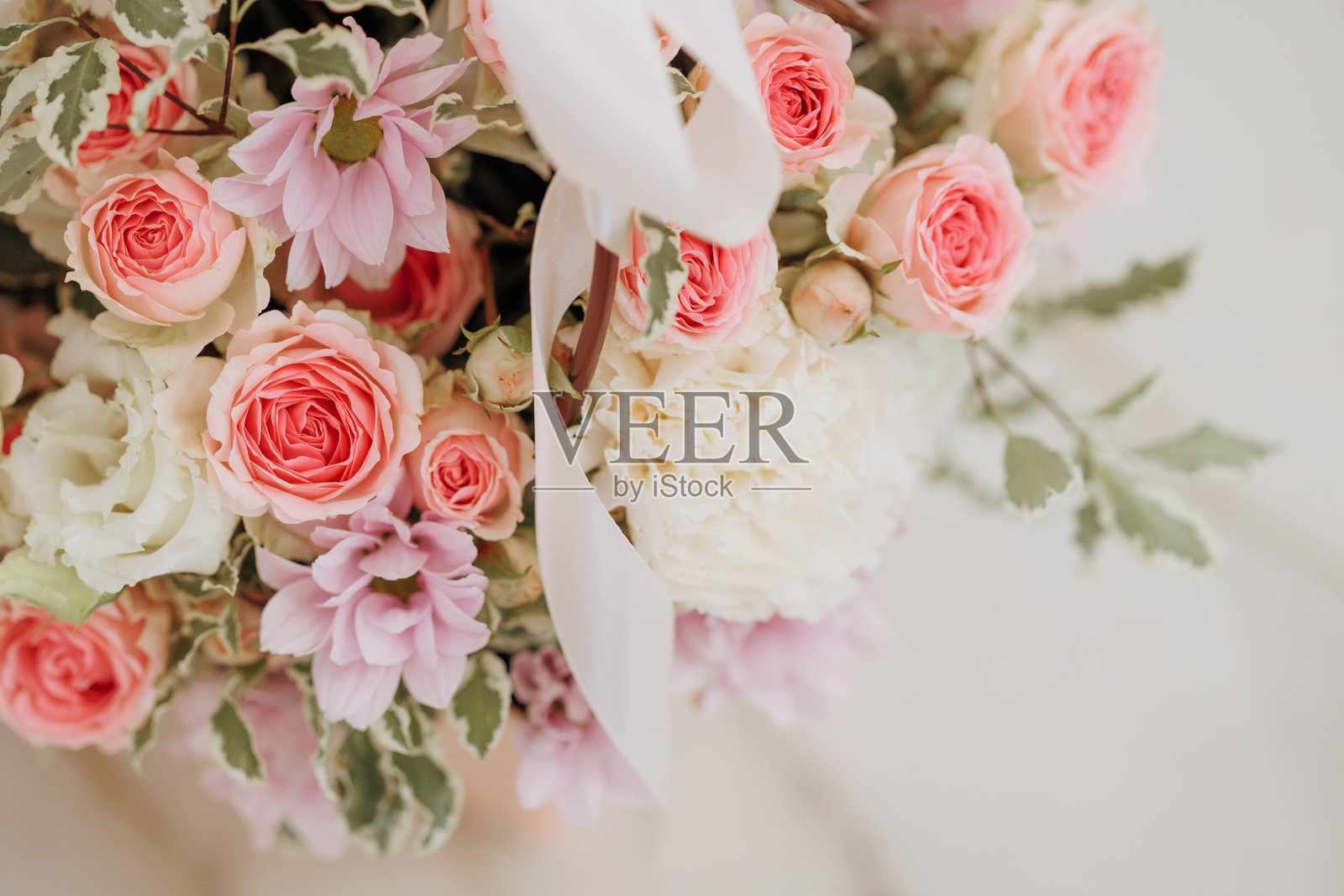 粉红色和白色的玫瑰花束带照片摄影图片
