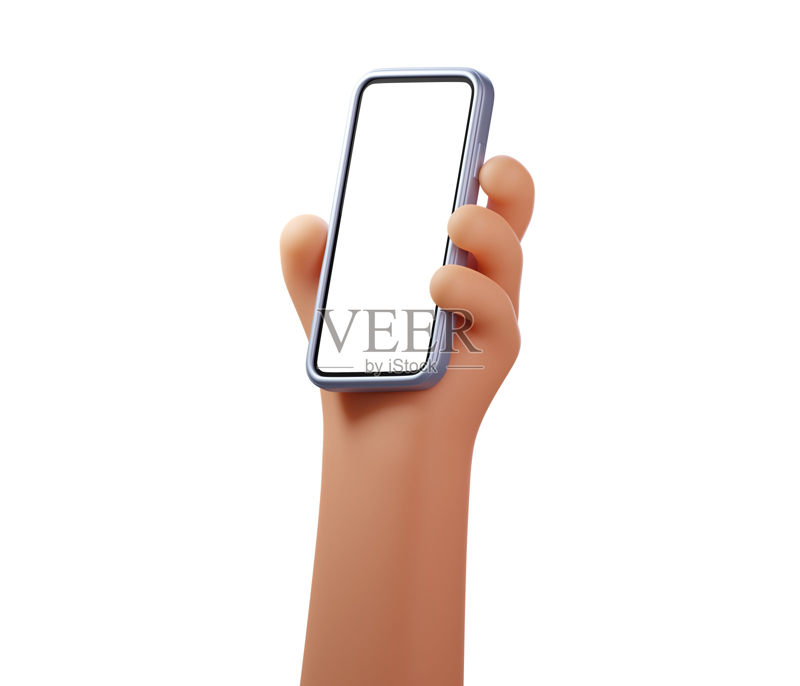 3D手持手机，屏幕空白。在白色背景下使用智能手机。侧视图。手机设备模型，模板。3D渲染图照片摄影图片