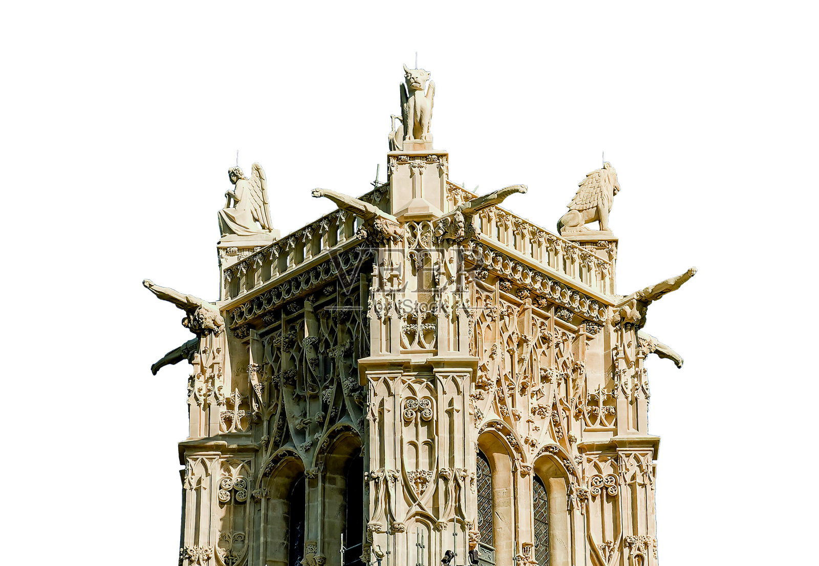 圣雅克塔(Tour Saint-Jacques)，白底雕刻。位于法国巴黎里沃利街。这座52米高的华丽哥特式塔(16世纪)照片摄影图片