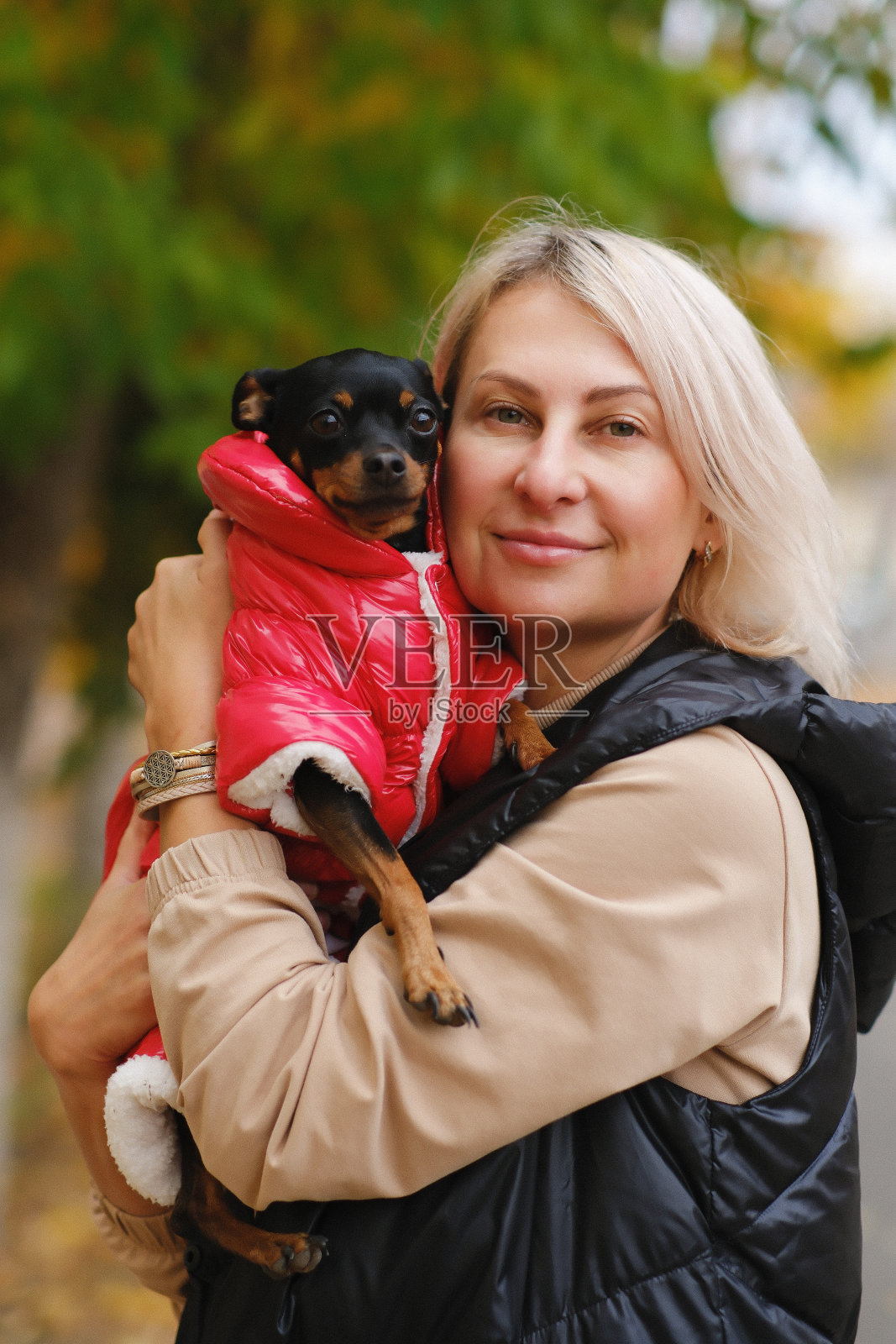 一位美丽的时尚女性在户外，双手抱着红色衣服的玩具小猎犬。照片摄影图片