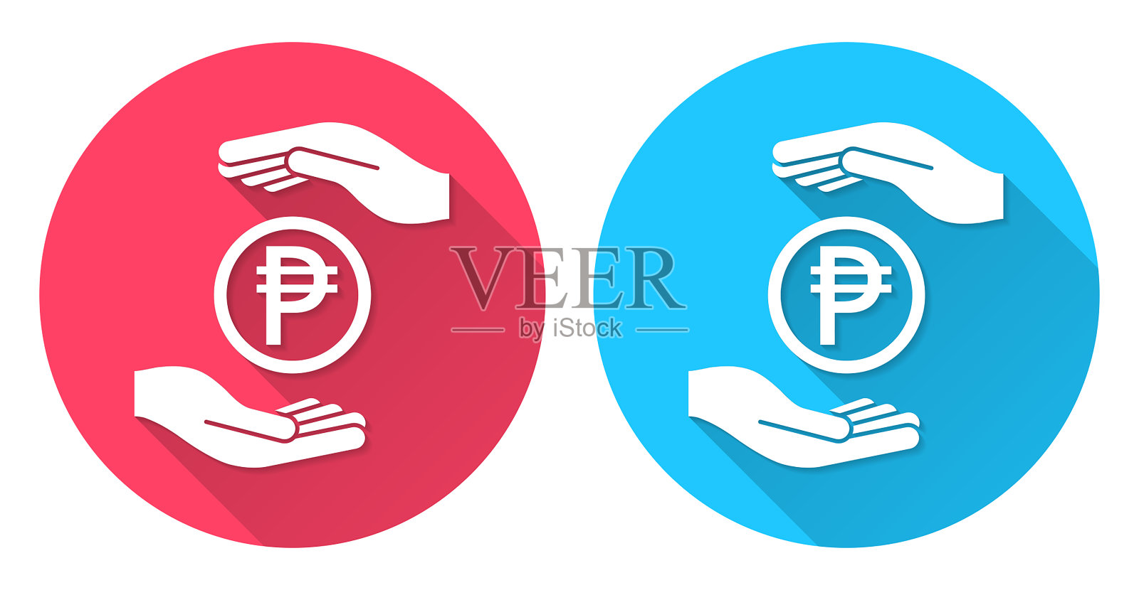 两手夹一枚比索硬币。圆形图标与长阴影在红色或蓝色的背景插画图片素材