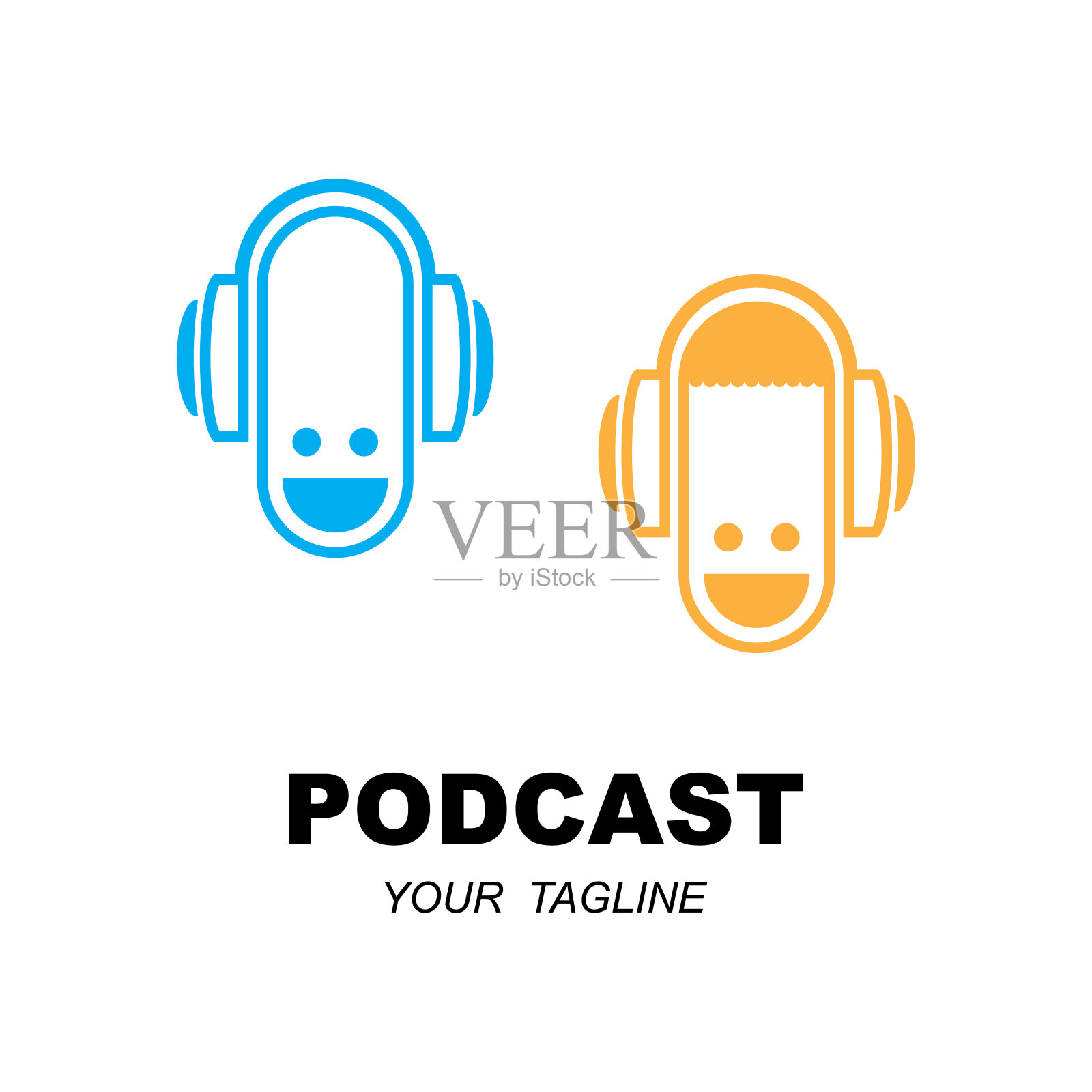 播客或电台标志设计使用麦克风和耳机图标与口号模板插画图片素材