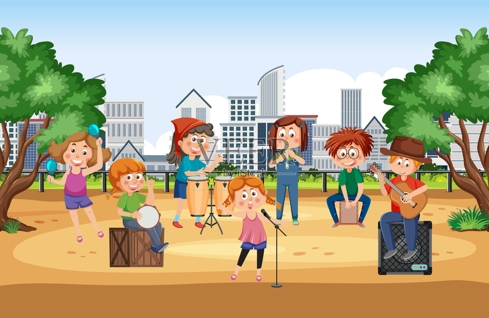青年乐队在公园演出插画图片素材
