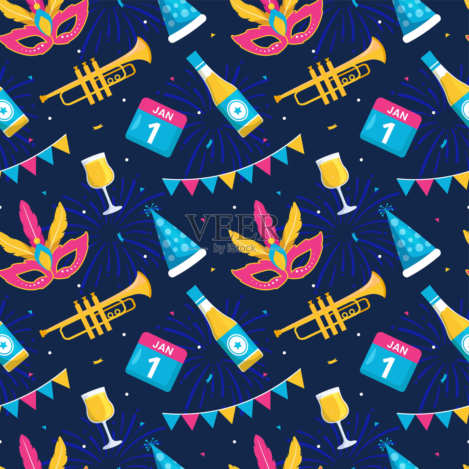 新年快乐2024无缝图案插图与元素装饰新年背景插画图片素材