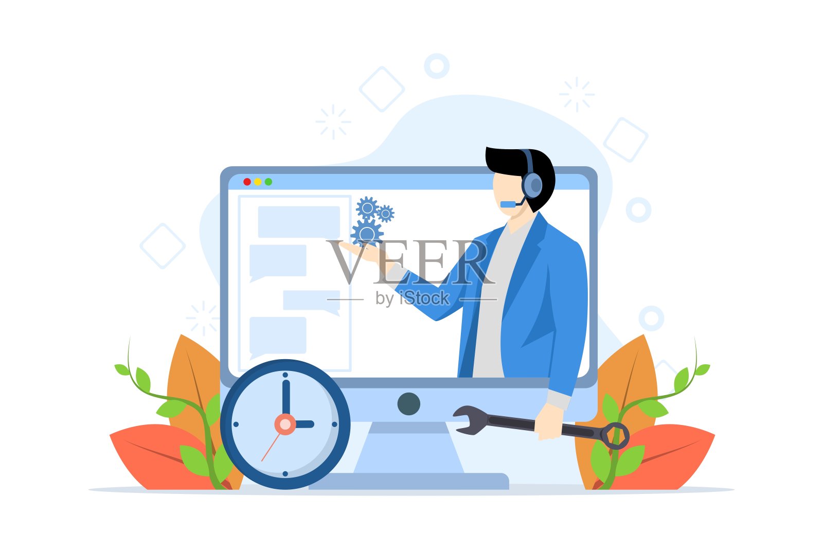 支持人员帮助解决技术问题的概念，帮助台或接线员通过电话帮助客户，帮助人员通过耳机与客户交谈帮助解决计算机问题。插画图片素材