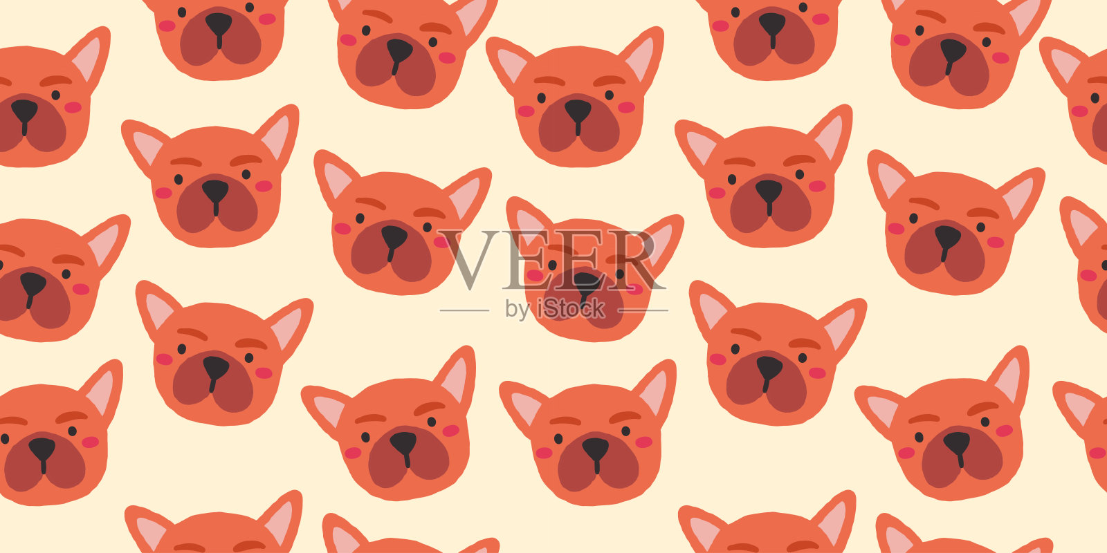 矢量无缝图案与可爱的牛头犬狗的脸。米色背景上的狗图案。插画图片素材