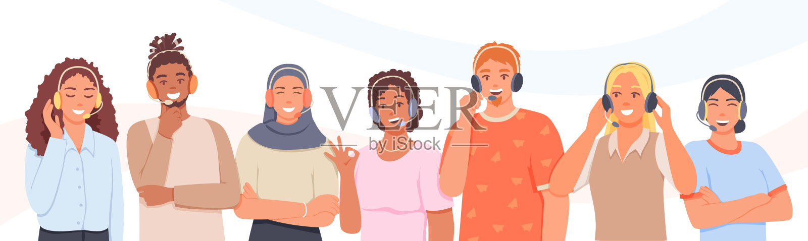 一组不同的年轻男女员工戴着耳机向客户咨询，给出建议插画图片素材