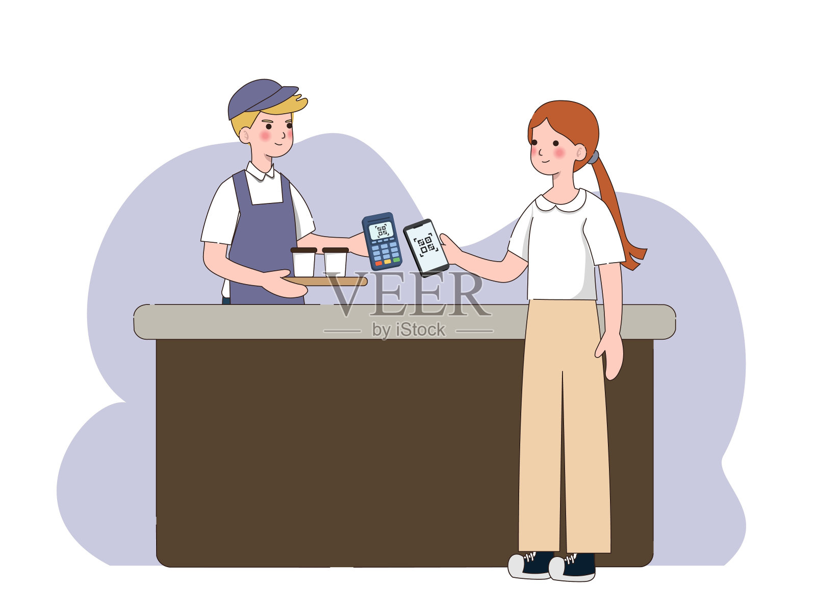 客户使用移动无现金支付系统或扫描二维码。字符使用数字银行服务和应用非接触式支付。矢量图插画图片素材