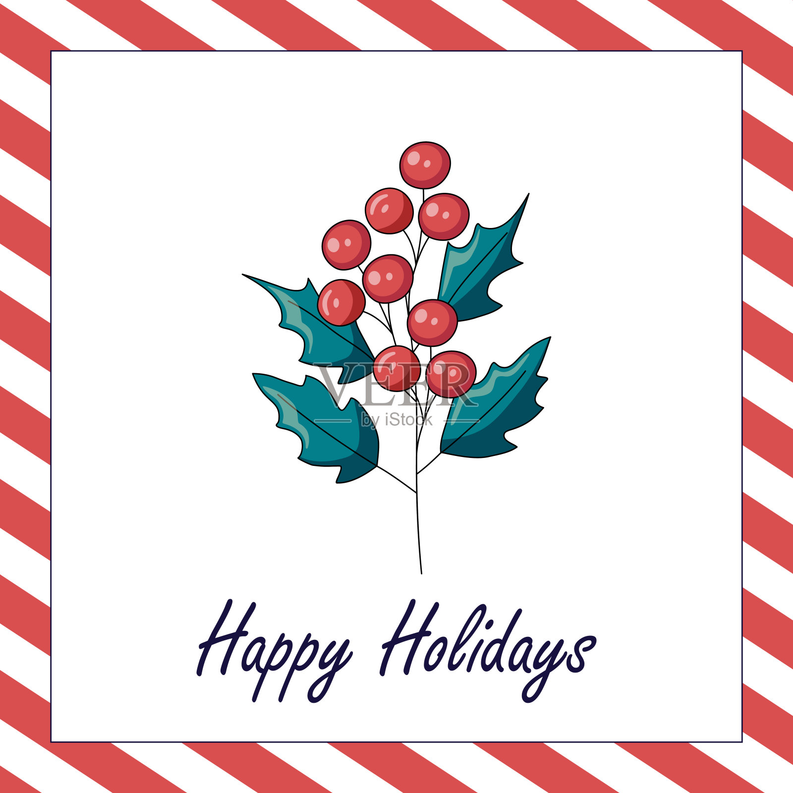 贺卡与槲寄生枝和红色浆果在白色背景与条纹框架。插画图片素材