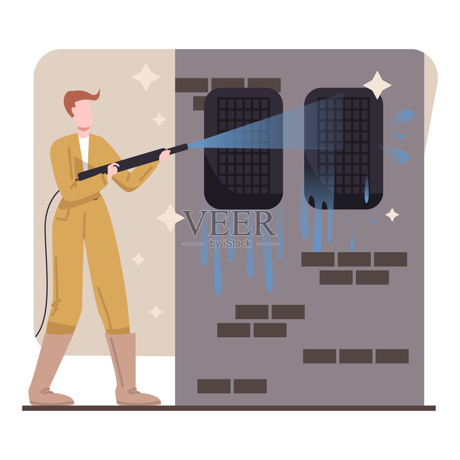 男工人穿着制服和防护鞋，拿着软管，在水压下清洁窗户插画图片素材