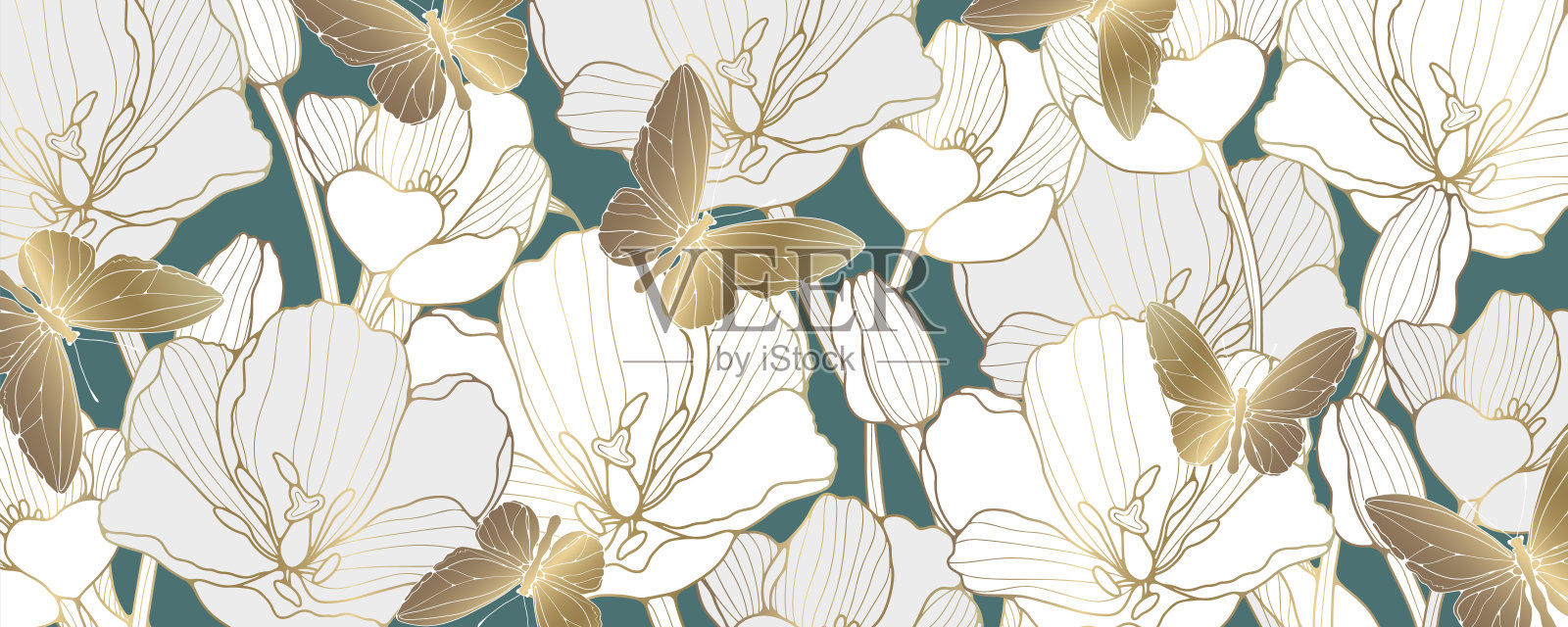 豪华花绿松石背景与白色郁金香和金色蝴蝶。美丽的背景创建壁纸，封面，卡片和演示文稿插画图片素材
