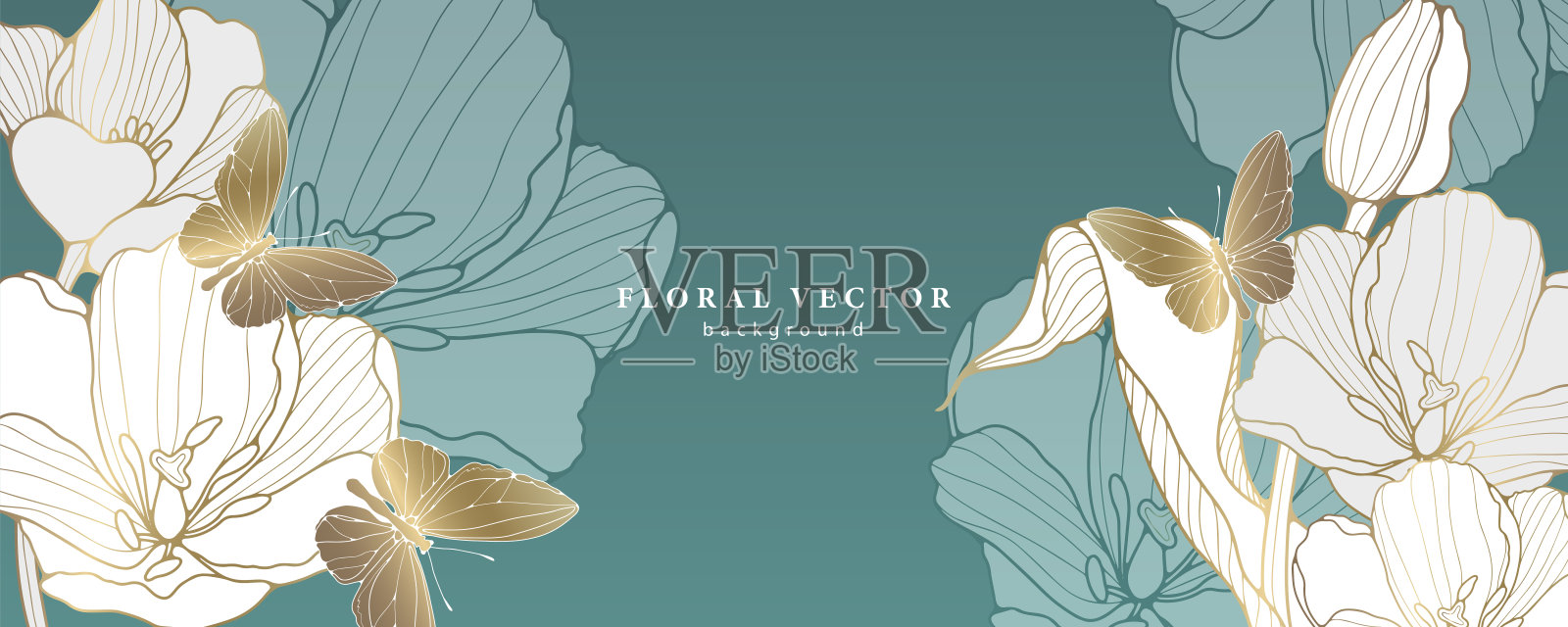 豪华花绿松石背景与白色郁金香和金色蝴蝶。美丽的背景创建壁纸，封面，卡片，文凭和演讲插画图片素材