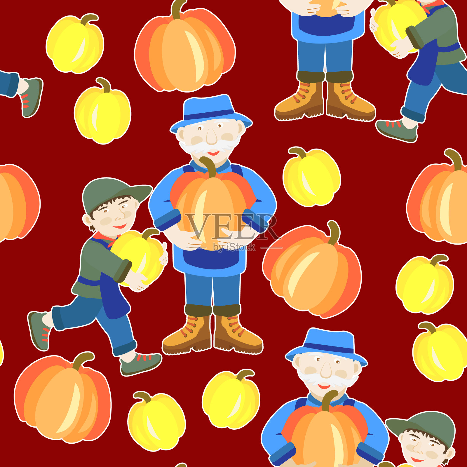 矢量-园丁收获南瓜，无缝图案。插画图片素材