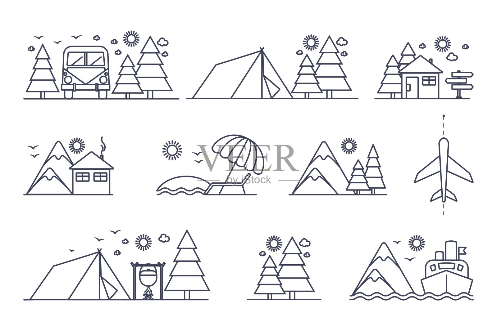 一套简单的旅游图标。度假远足在山区和度假胜地的自然图标收集。矢量线图插画图片素材