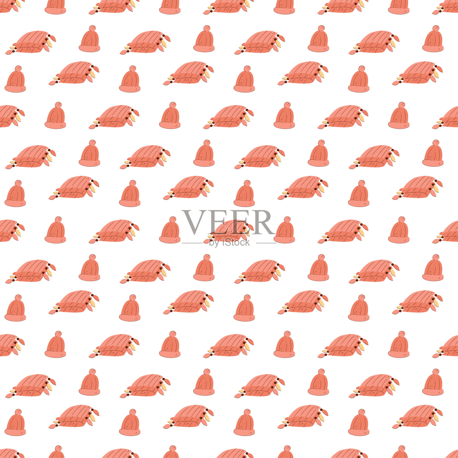 无缝图案与温暖的冬季围巾和帽子在粉红色。矢量平面颜色插图。插画图片素材