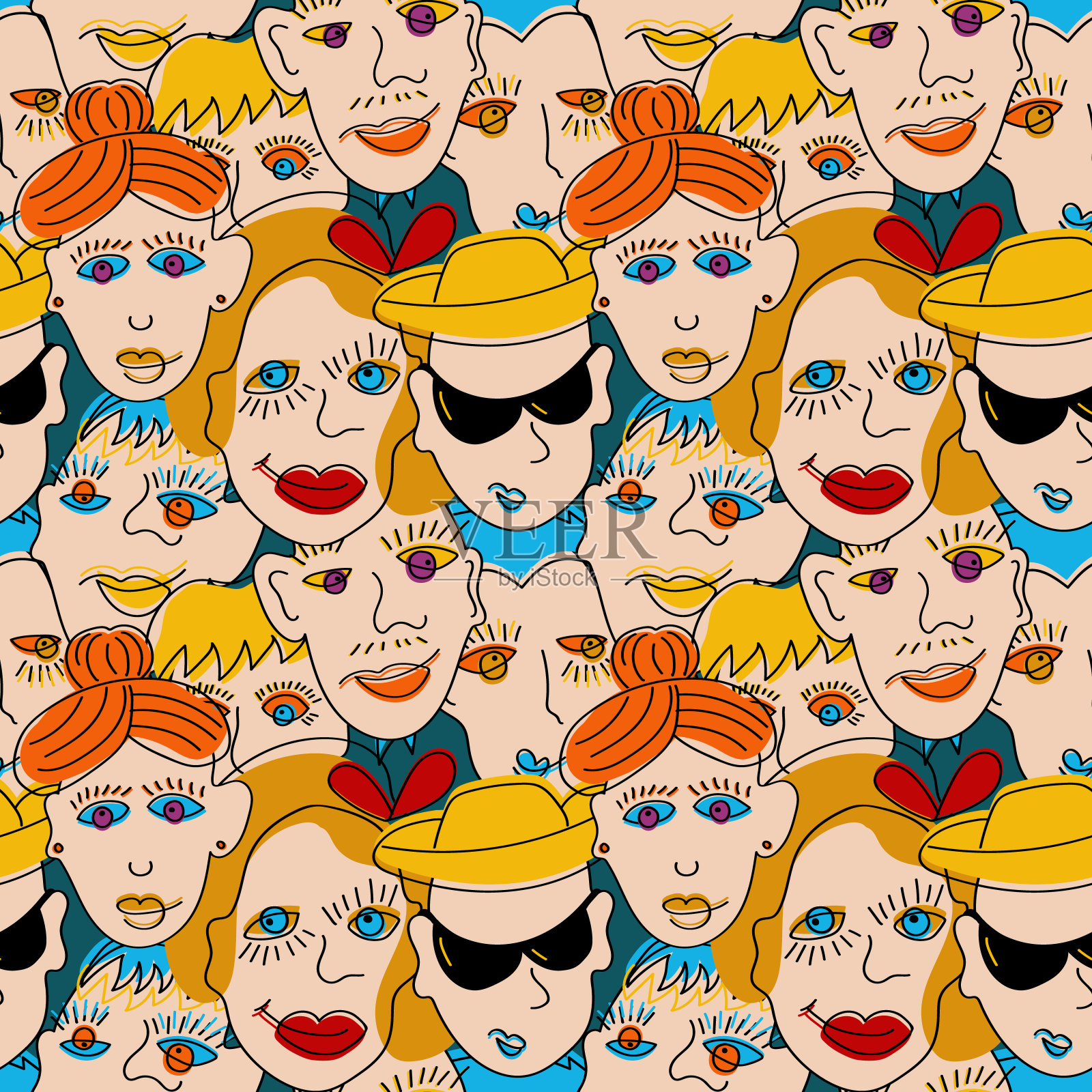 滑稽抽象风格的超现实主义面孔。手绘的人矢量插图。无缝图案印刷在任何表面。插画图片素材