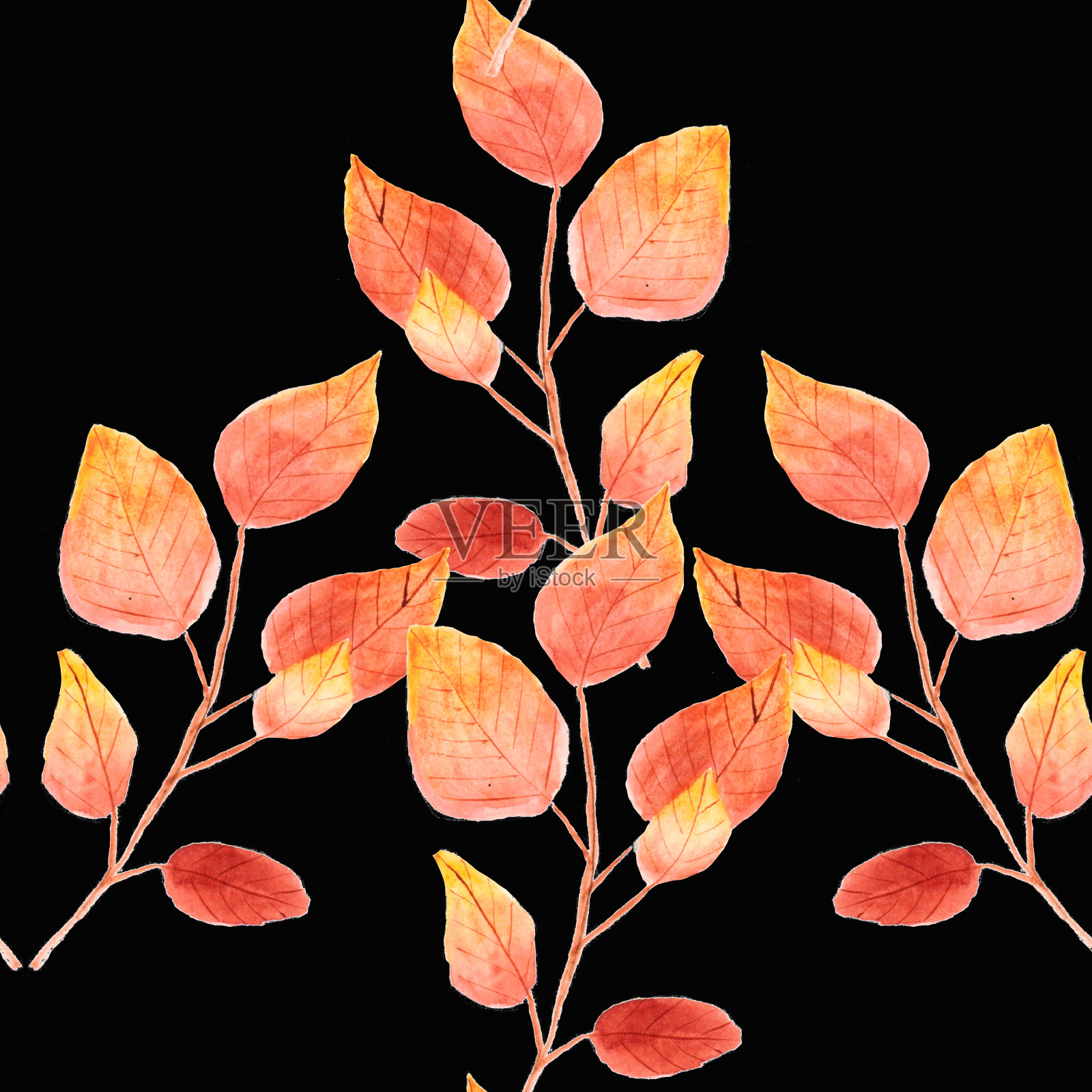 水彩画，无缝图案与黄色和棕色的树叶和树枝插画图片素材