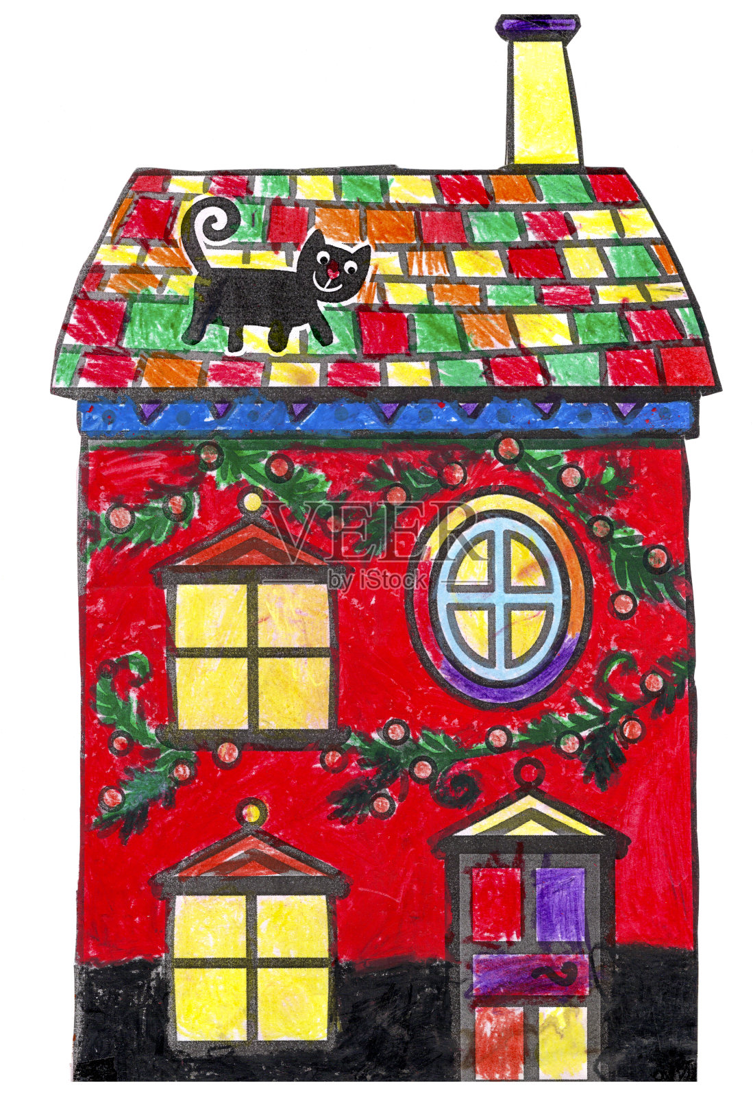 给孩子们画了一幅彩色的房子，上面有圣诞装饰，屋顶上有一只黑猫插画图片素材