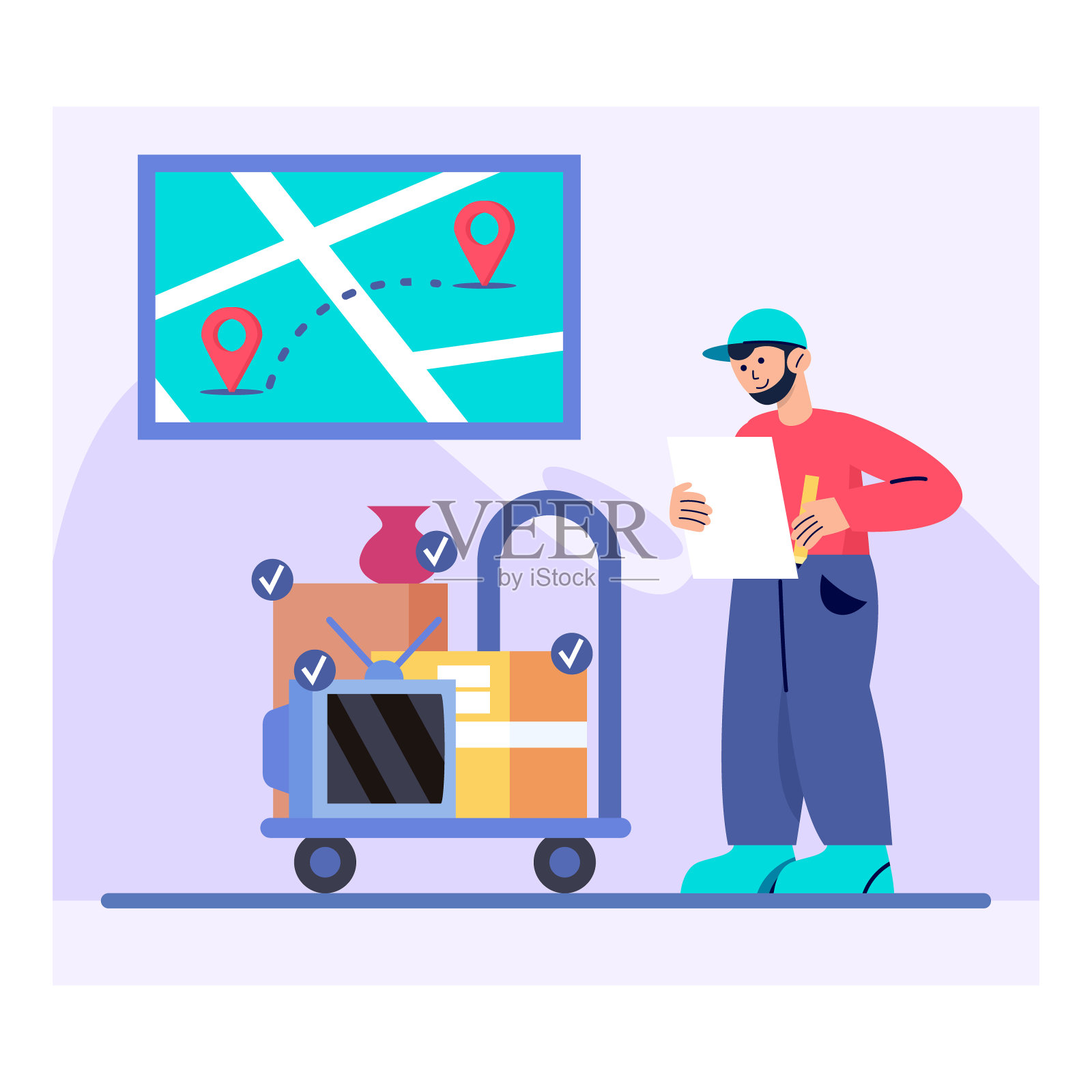 工人穿着制服，手持文件，检查清单，携带不同的包裹到目的地插画图片素材