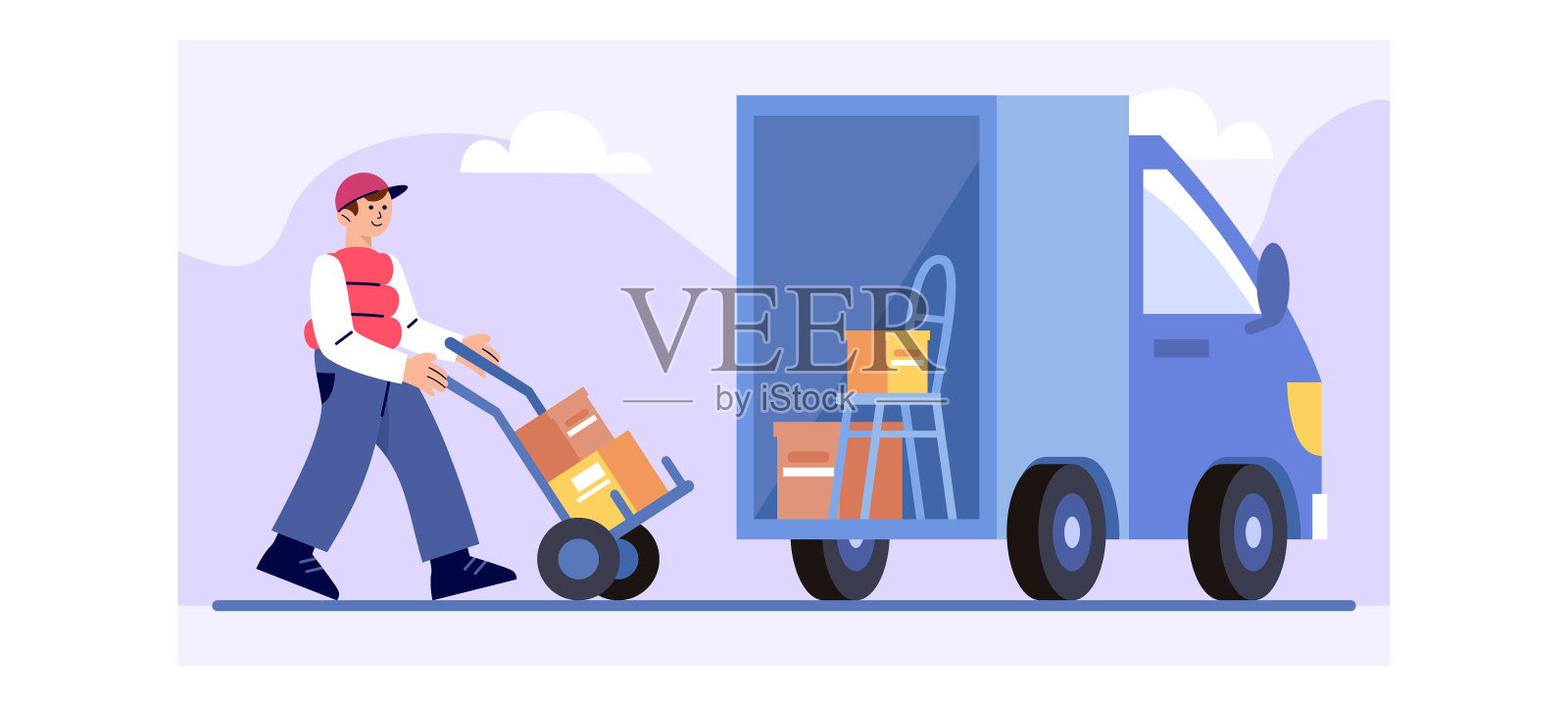 穿制服的人把装东西的箱子搬到卡车上。搬运工帮助客户搬家插画图片素材