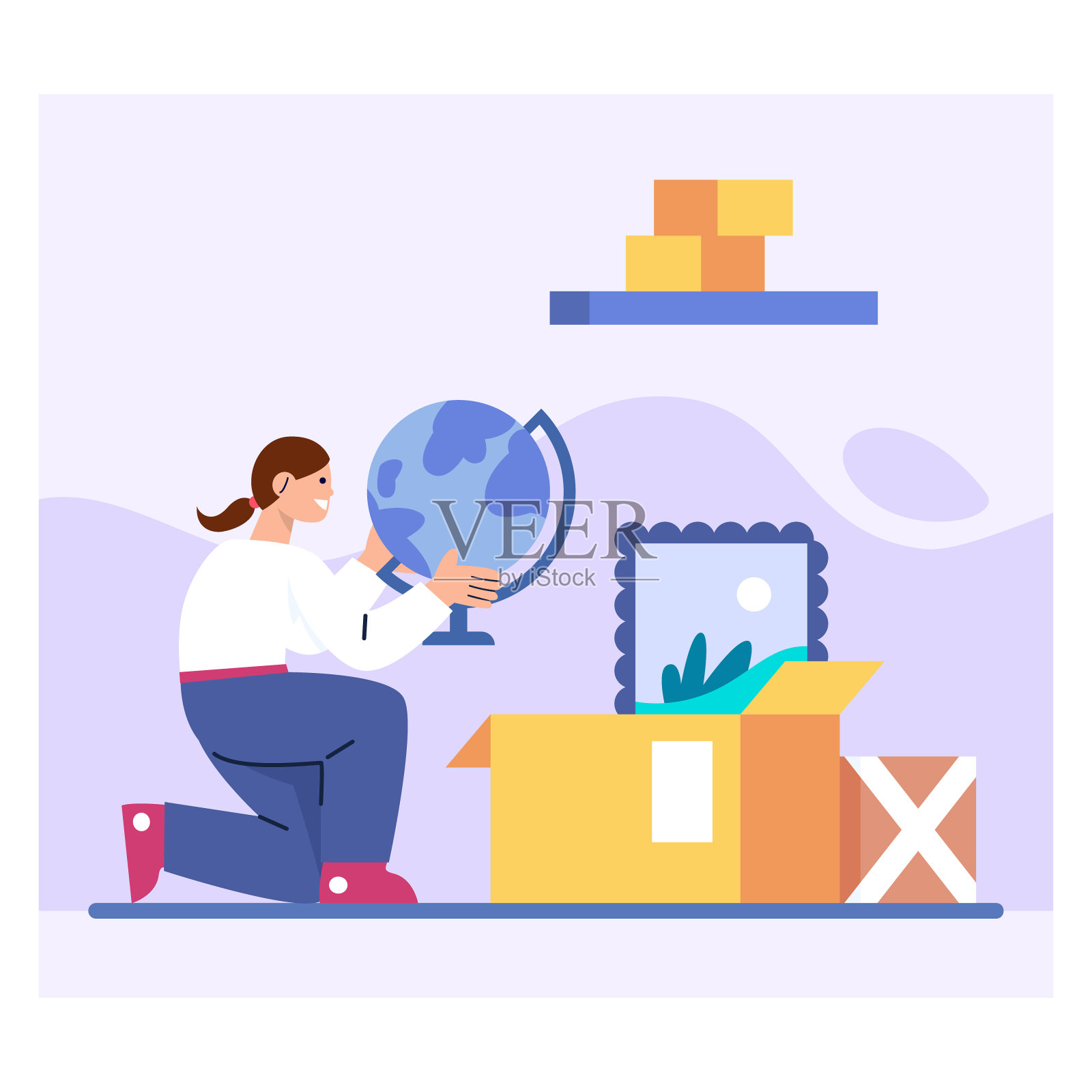 年轻微笑的女士拿着地球仪，打包东西。女性搬到其他地方插画图片素材