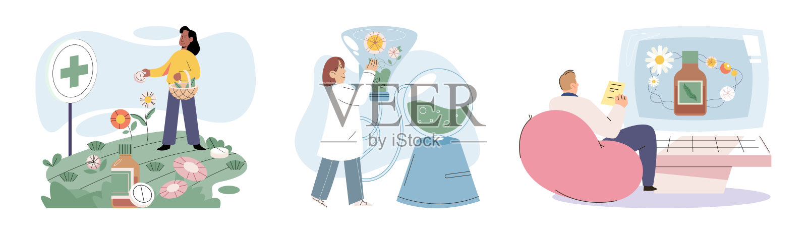 天然草药的实验室研究是用药用植物和药材制作药物插画图片素材