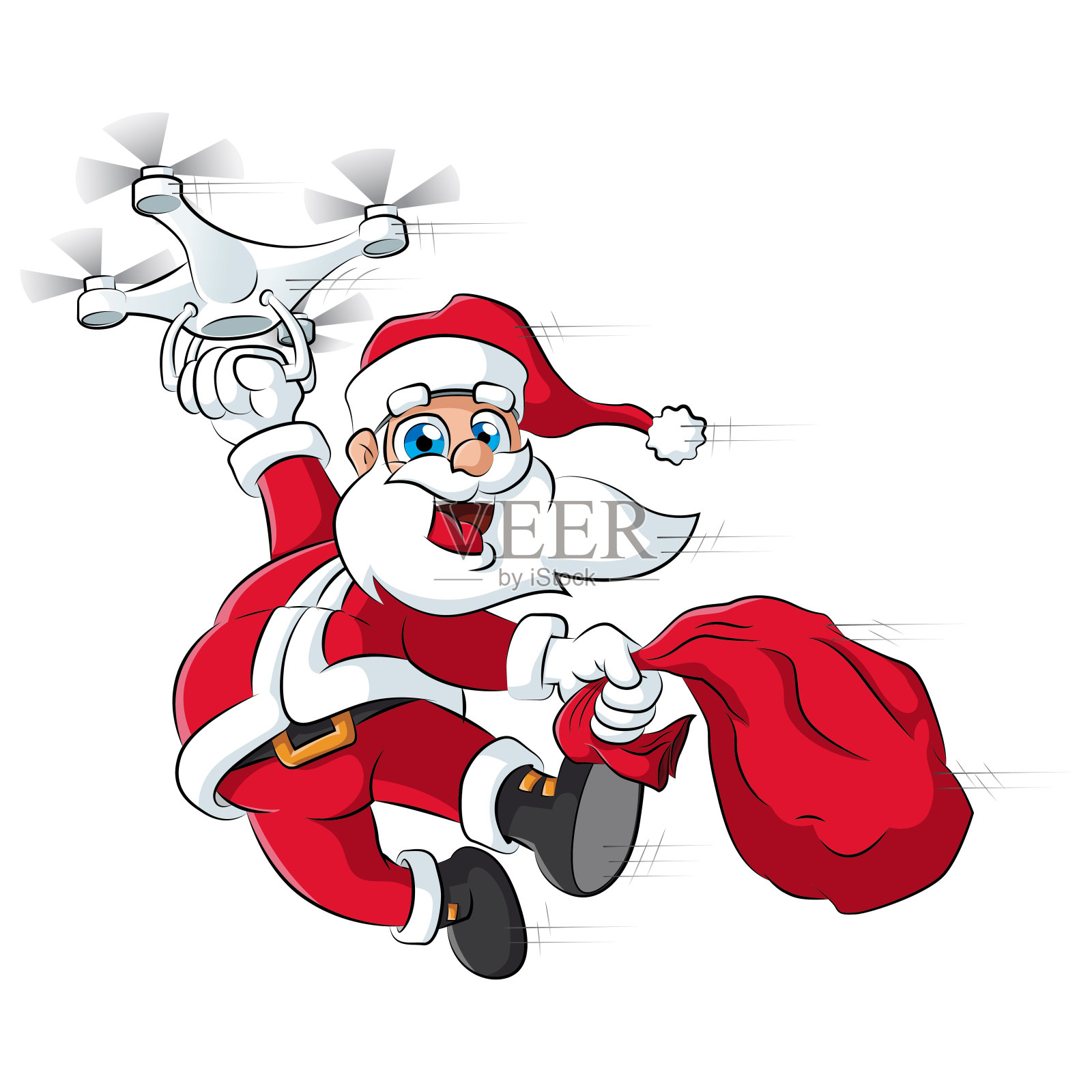 有趣的圣诞老人带着一袋礼物在无人机上飞行插画图片素材
