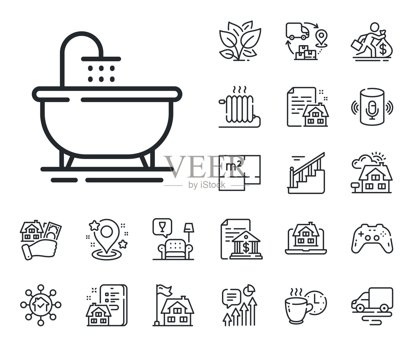 浴缸线图标。浴室家具标志。平面图、楼梯和休息室。向量插画图片素材